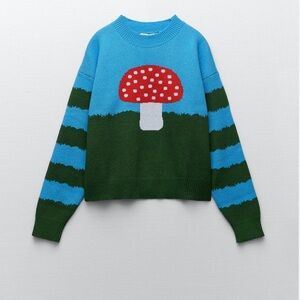 Zara Blue Mushroom Trippy Check Knit Chunky Sweater Small Blogger Favorite